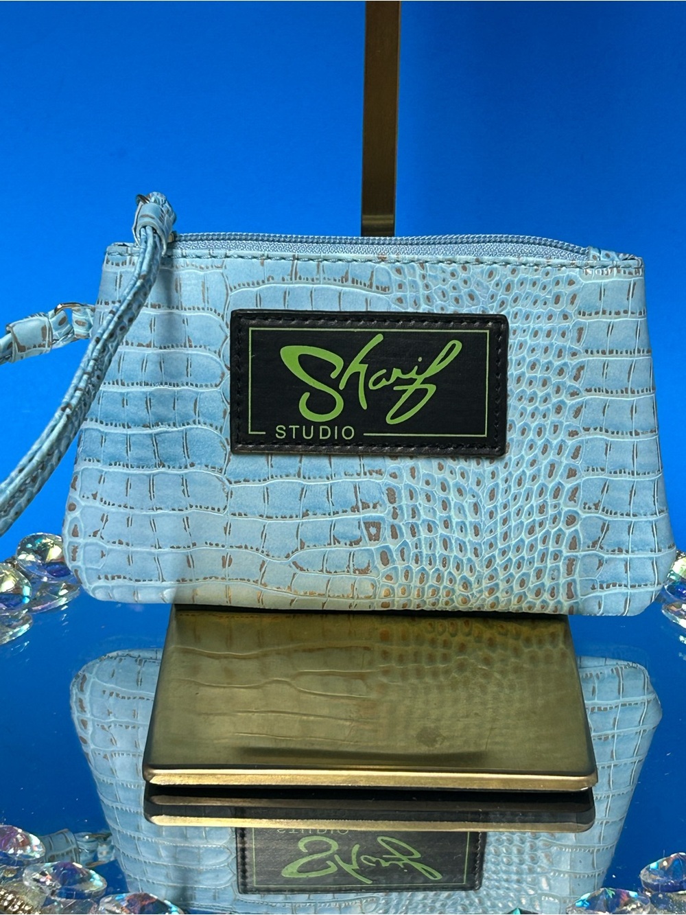 Sharif Light Blue Croc-Embossed Wristlet with Branded Patch